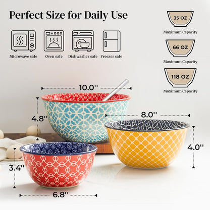 Mixing Bowls, Ceramic Mixing Bowls for Kitchen, Colorful Vibrant Nesting Bowls for Cooking, Baking, Prepping, Serving, Salad, Housewarming Gift, Microwave Dishwasher Safe, 3.7/2/1 Qt, Set of 3
