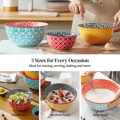 Mixing Bowls, Ceramic Mixing Bowls for Kitchen, Colorful Vibrant Nesting Bowls for Cooking, Baking, Prepping, Serving, Salad, Housewarming Gift, Microwave Dishwasher Safe, 3.7/2/1 Qt, Set of 3