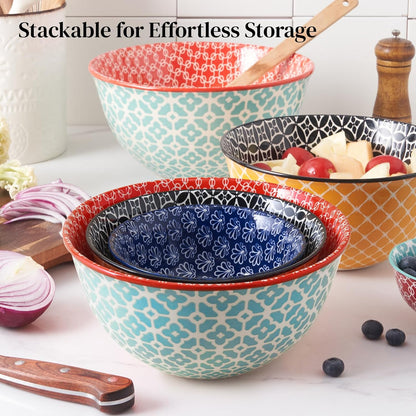 Mixing Bowls, Ceramic Mixing Bowls for Kitchen, Colorful Vibrant Nesting Bowls for Cooking, Baking, Prepping, Serving, Salad, Housewarming Gift, Microwave Dishwasher Safe, 3.7/2/1 Qt, Set of 3