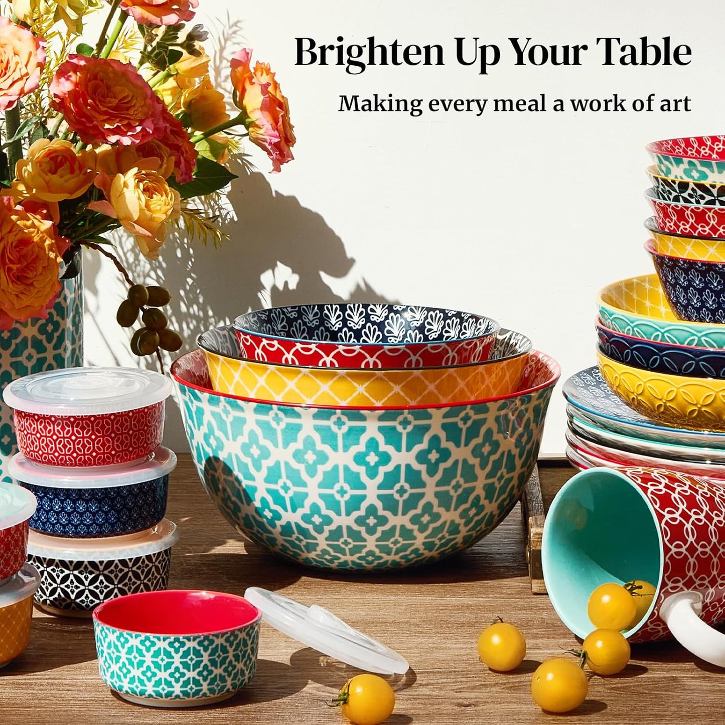 Mixing Bowls, Ceramic Mixing Bowls for Kitchen, Colorful Vibrant Nesting Bowls for Cooking, Baking, Prepping, Serving, Salad, Housewarming Gift, Microwave Dishwasher Safe, 3.7/2/1 Qt, Set of 3