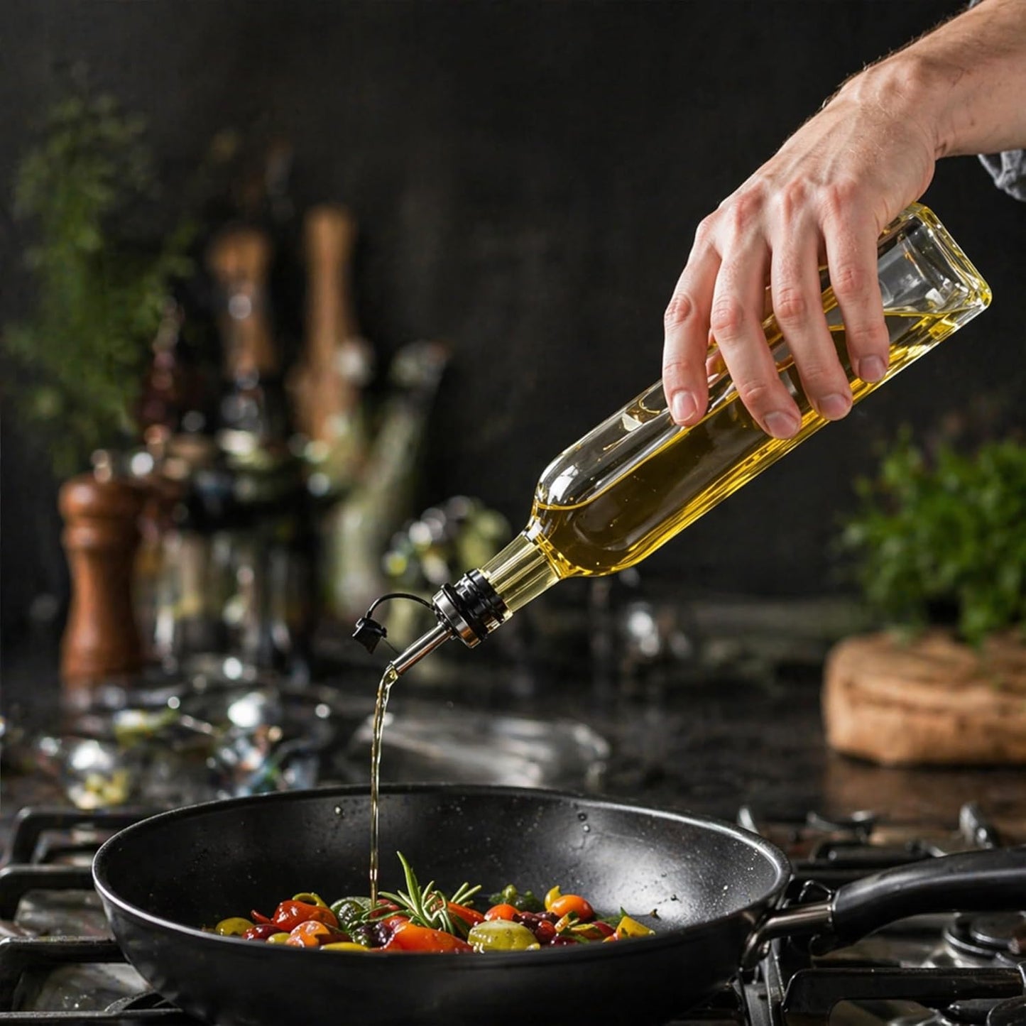 RW Base 16.9 Ounce Olive Oil Dispenser 1 Kitchen Oil Dispenser Bottle - With Stainless Steel Pourer Non-Leaking Black Glass Olive Oil Pourer For Cooking Or Salad Dressings
