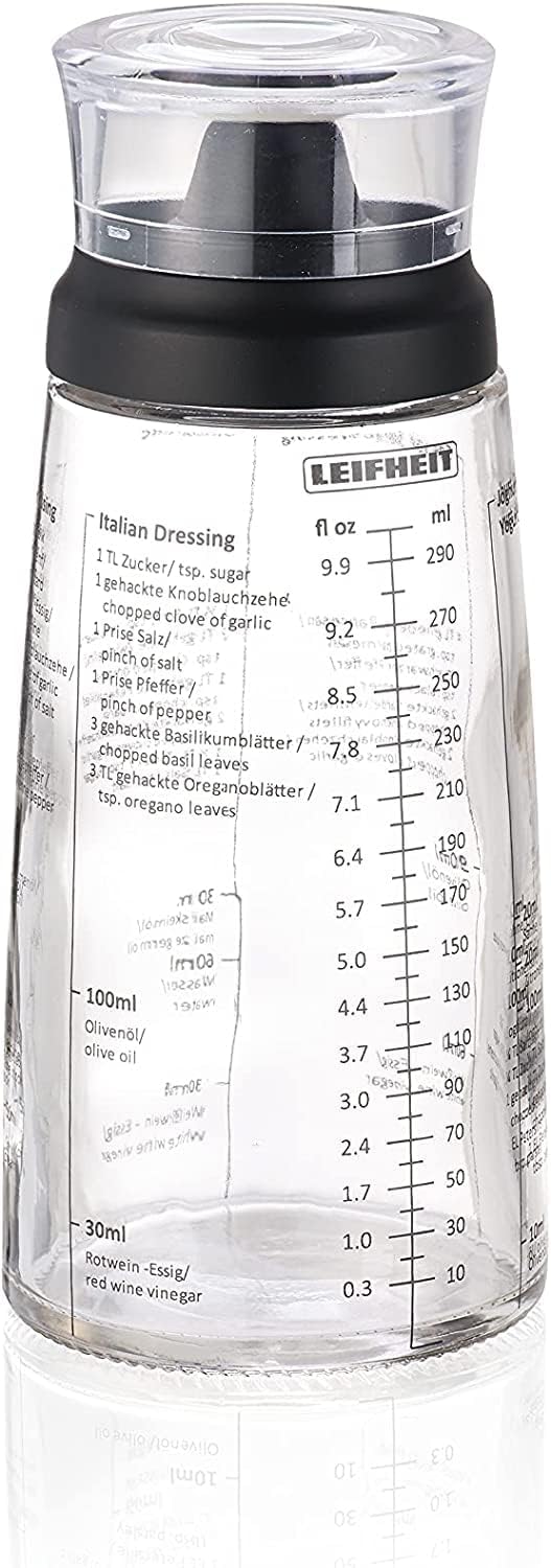 Glass Salad Dressing Bottle 10 oz – Durable Eco-Friendly Glass with Leakproof Plastic Lid, Built-In Recipe Guide, Dishwasher Safe, German Design, Non-Drip Spout – Black