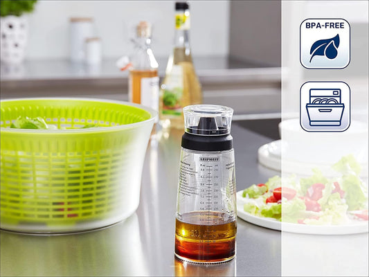 Glass Salad Dressing Bottle 10 oz – Durable Eco-Friendly Glass with Leakproof Plastic Lid, Built-In Recipe Guide, Dishwasher Safe, German Design, Non-Drip Spout – Black