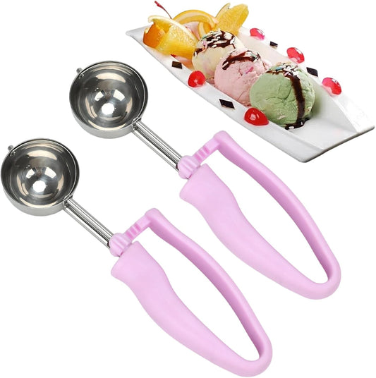 2pcs Ice Cream Scoops, 304 Stainless Steel Ice Cream Scoop with Trigger 4oz Portion Scoop Disher with Built-In Blade Ergonomic Ambidextrous Handle Perfect for Ice Cream, Cookie Dough, Rice (Purple)