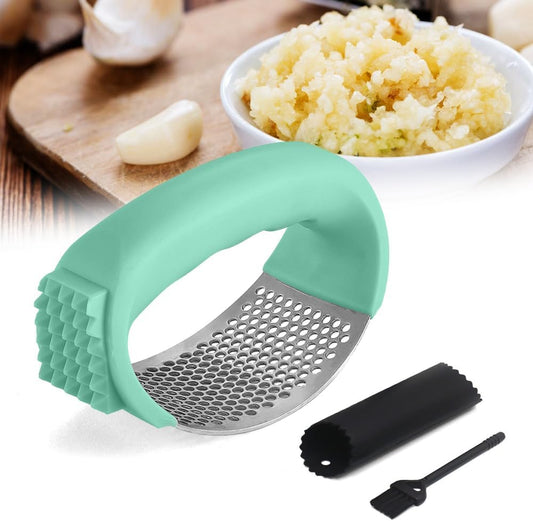 2026 Upgraded Garlic Press Rocker,Stainless Steel Garlic Press, Garlic Crusher with Peeler & Cleaning Brush, Garlic Chopper for Crushing Garlic, Kitchen Gadgets, Home Kitchen Tools (Green)