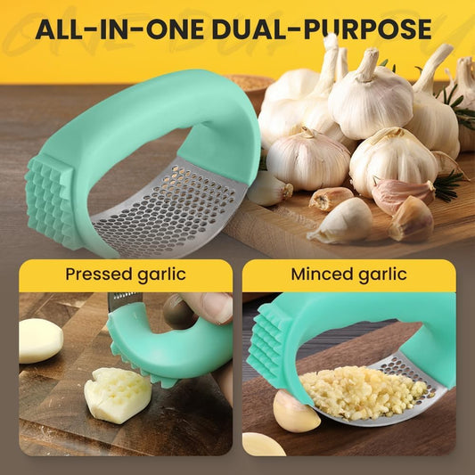 2026 Upgraded Garlic Press Rocker,Stainless Steel Garlic Press, Garlic Crusher with Peeler & Cleaning Brush, Garlic Chopper for Crushing Garlic, Kitchen Gadgets, Home Kitchen Tools (Green)