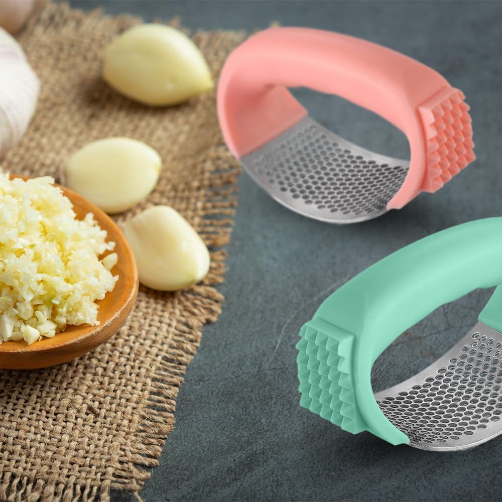 2026 Upgraded Garlic Press Rocker,Stainless Steel Garlic Press, Garlic Crusher with Peeler & Cleaning Brush, Garlic Chopper for Crushing Garlic, Kitchen Gadgets, Home Kitchen Tools (Green)