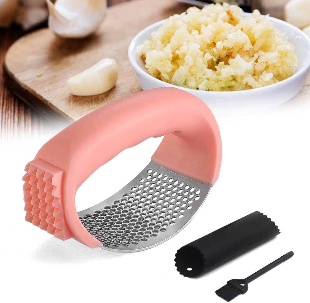 2026 Upgraded Garlic Press Rocker,Stainless Steel Garlic Press, Garlic Crusher with Peeler & Cleaning Brush, Garlic Chopper for Crushing Garlic, Kitchen Gadgets, Home Kitchen Tools (Green)