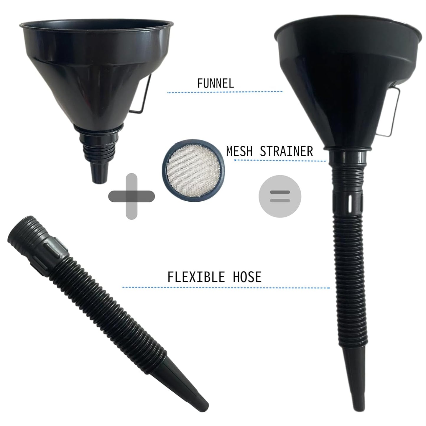 5 Pcs Plastic Oil Funnels for Automotive Use Set, Large Flexible Fuel Funnel, Wide Mouth Fuel Funnels with Detachable Spout and Filter for Water, Gasoline, Coolant, Engine Oil Transfer