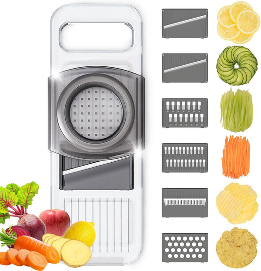 Multi-function 6 in 1 Mandoline Safe Vegetable Fruit Manual Slicer/Shredder Chopper Interchangeable Handheld Shining Transparent Exquisite Thickened Plastic Board Kitchen Prep Tool for Onion Garlic