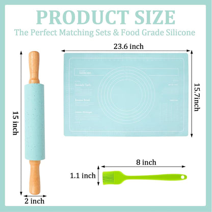 Silicone Rolling Pin for Baking,15Inch Pastry Dough Roller with Wooden Handle,Non Stick Surface Rolling Pin for Dough Cookie Pastry Tapered Dumpling Baking Supplies Kitchen Accessories