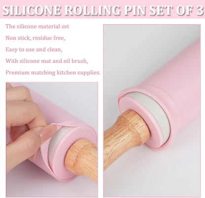 Silicone Rolling Pin for Baking,15Inch Pastry Dough Roller with Wooden Handle,Non Stick Surface Rolling Pin for Dough Cookie Pastry Tapered Dumpling Baking Supplies Kitchen Accessories