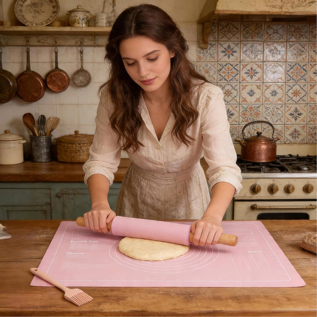 Silicone Rolling Pin for Baking,15Inch Pastry Dough Roller with Wooden Handle,Non Stick Surface Rolling Pin for Dough Cookie Pastry Tapered Dumpling Baking Supplies Kitchen Accessories