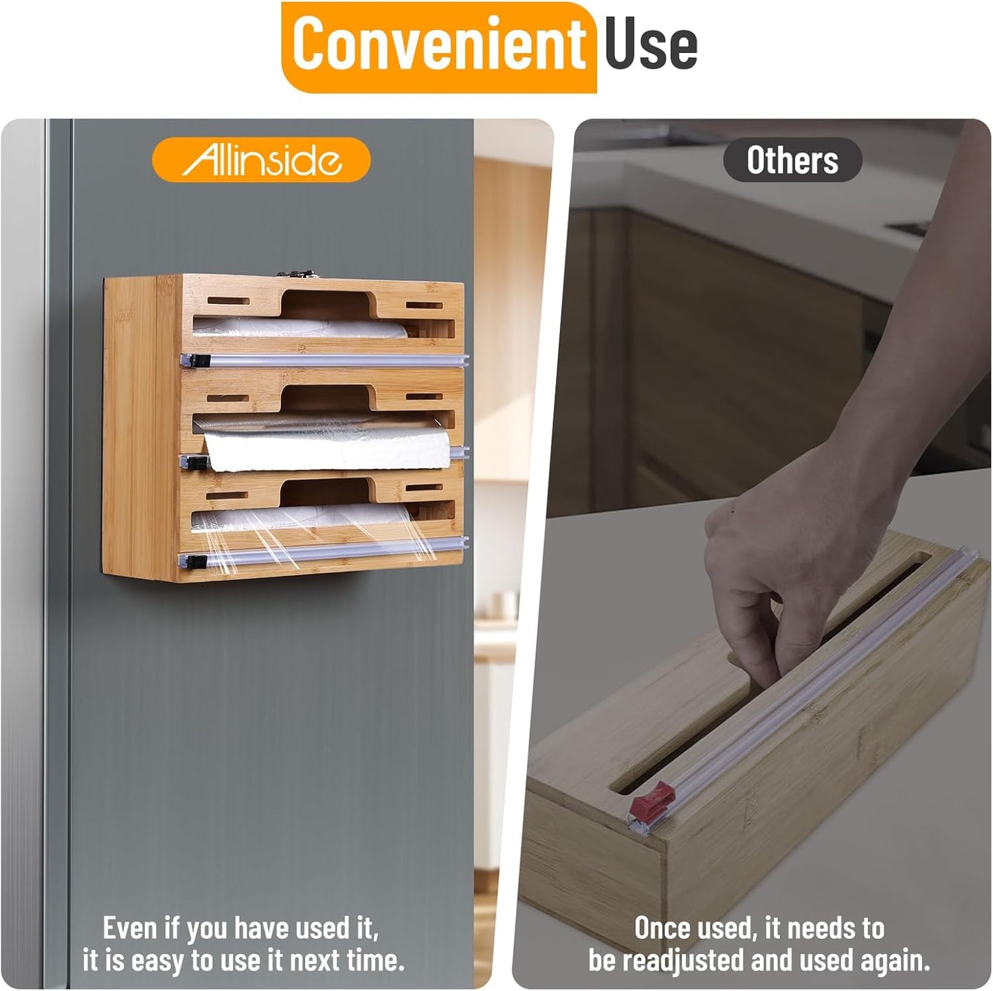 Magnetic Plastic Wrap Dispenser with Cutter, 3 in 1 Refrigerator Bamboo Wood Organizer for Tin Foil, Baking Paper, Wax Paper Holder Kitchen Storage Box Compatible with 12.9" Roll (3 Layer)