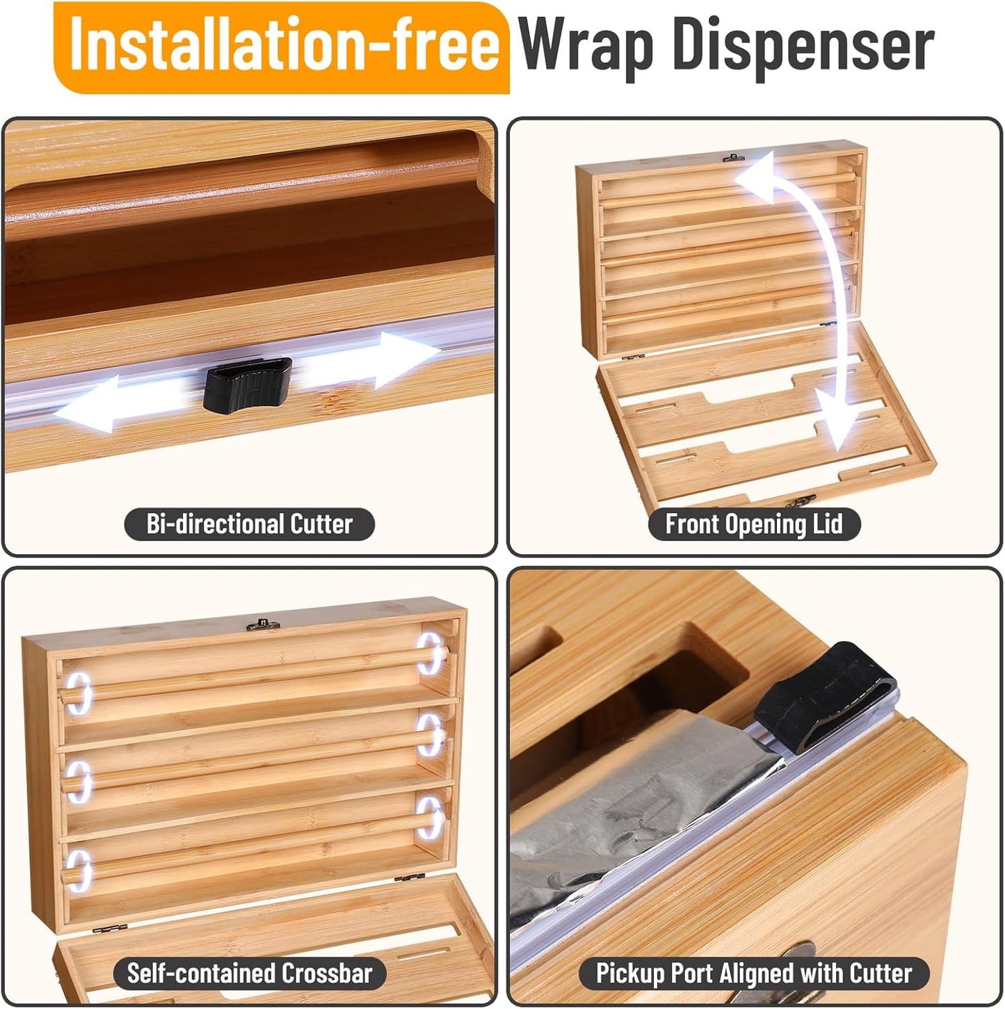 Magnetic Plastic Wrap Dispenser with Cutter, 3 in 1 Refrigerator Bamboo Wood Organizer for Tin Foil, Baking Paper, Wax Paper Holder Kitchen Storage Box Compatible with 12.9" Roll (3 Layer)