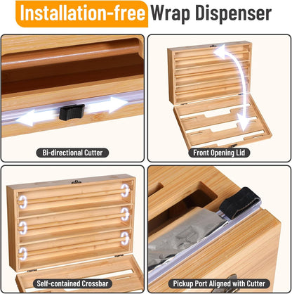 Magnetic Plastic Wrap Dispenser with Cutter, 3 in 1 Refrigerator Bamboo Wood Organizer for Tin Foil, Baking Paper, Wax Paper Holder Kitchen Storage Box Compatible with 12.9" Roll (3 Layer)