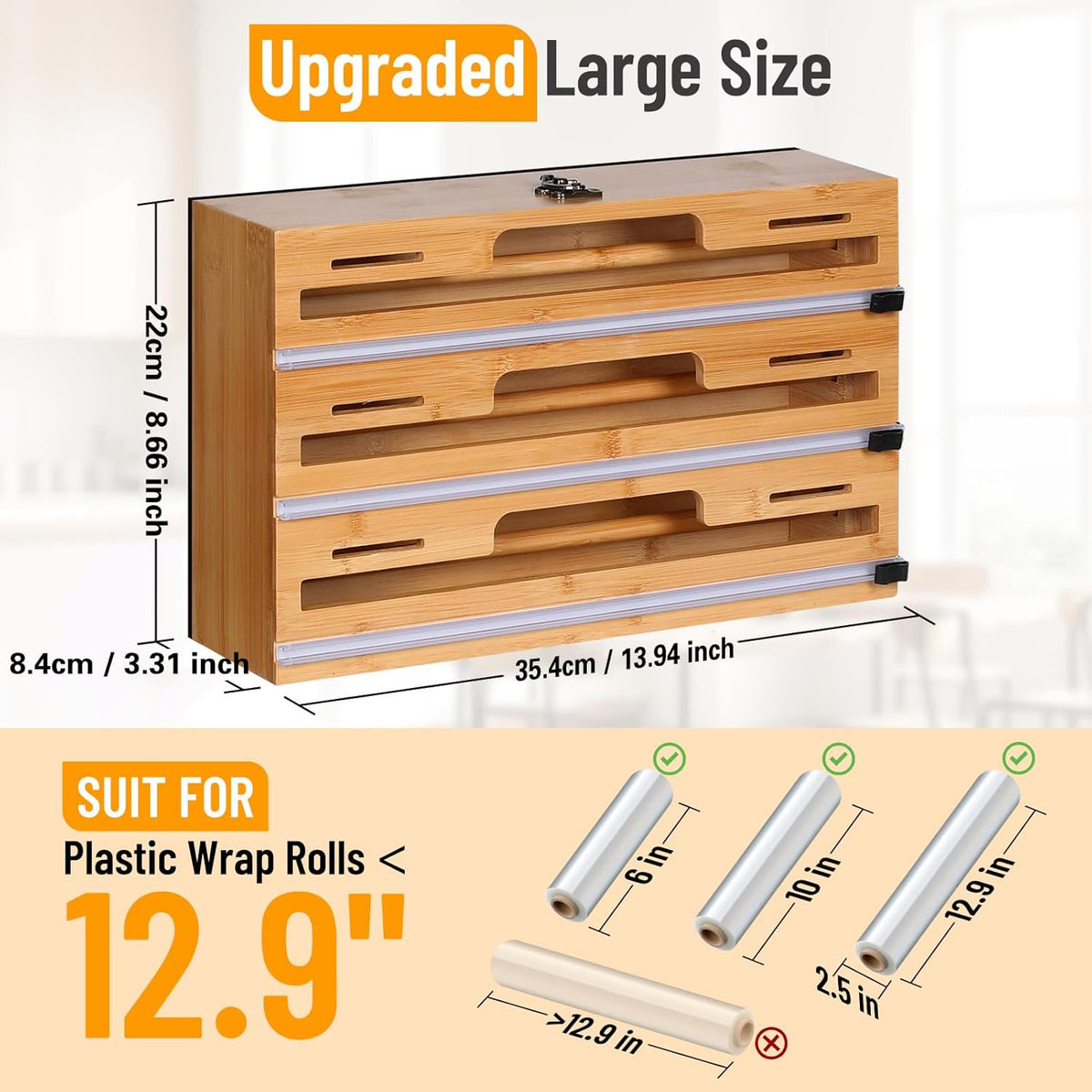 Magnetic Plastic Wrap Dispenser with Cutter, 3 in 1 Refrigerator Bamboo Wood Organizer for Tin Foil, Baking Paper, Wax Paper Holder Kitchen Storage Box Compatible with 12.9" Roll (3 Layer)