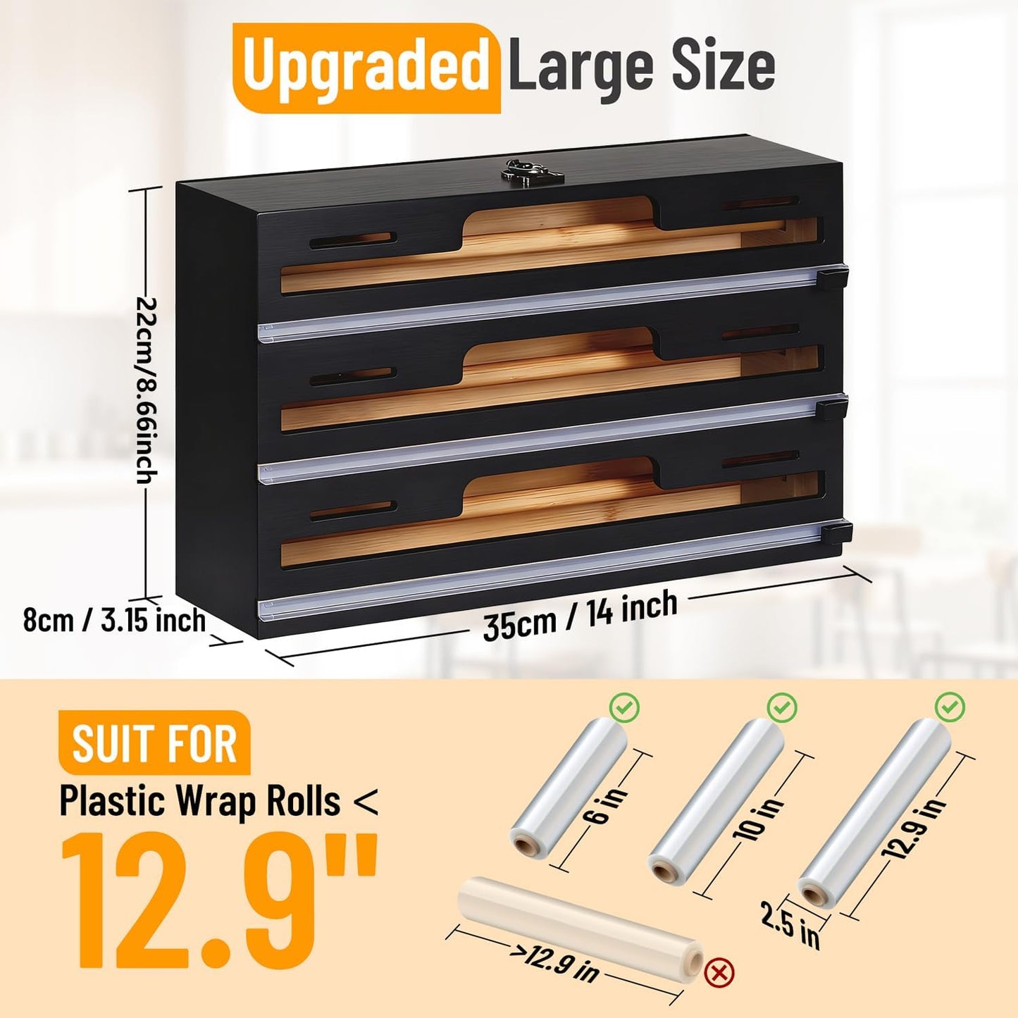 Magnetic Plastic Wrap Dispenser with Cutter, 3 in 1 Refrigerator Bamboo Wood Organizer for Tin Foil, Baking Paper, Wax Paper Holder Kitchen Storage Box Compatible with 12.9" Roll (3 Layer)
