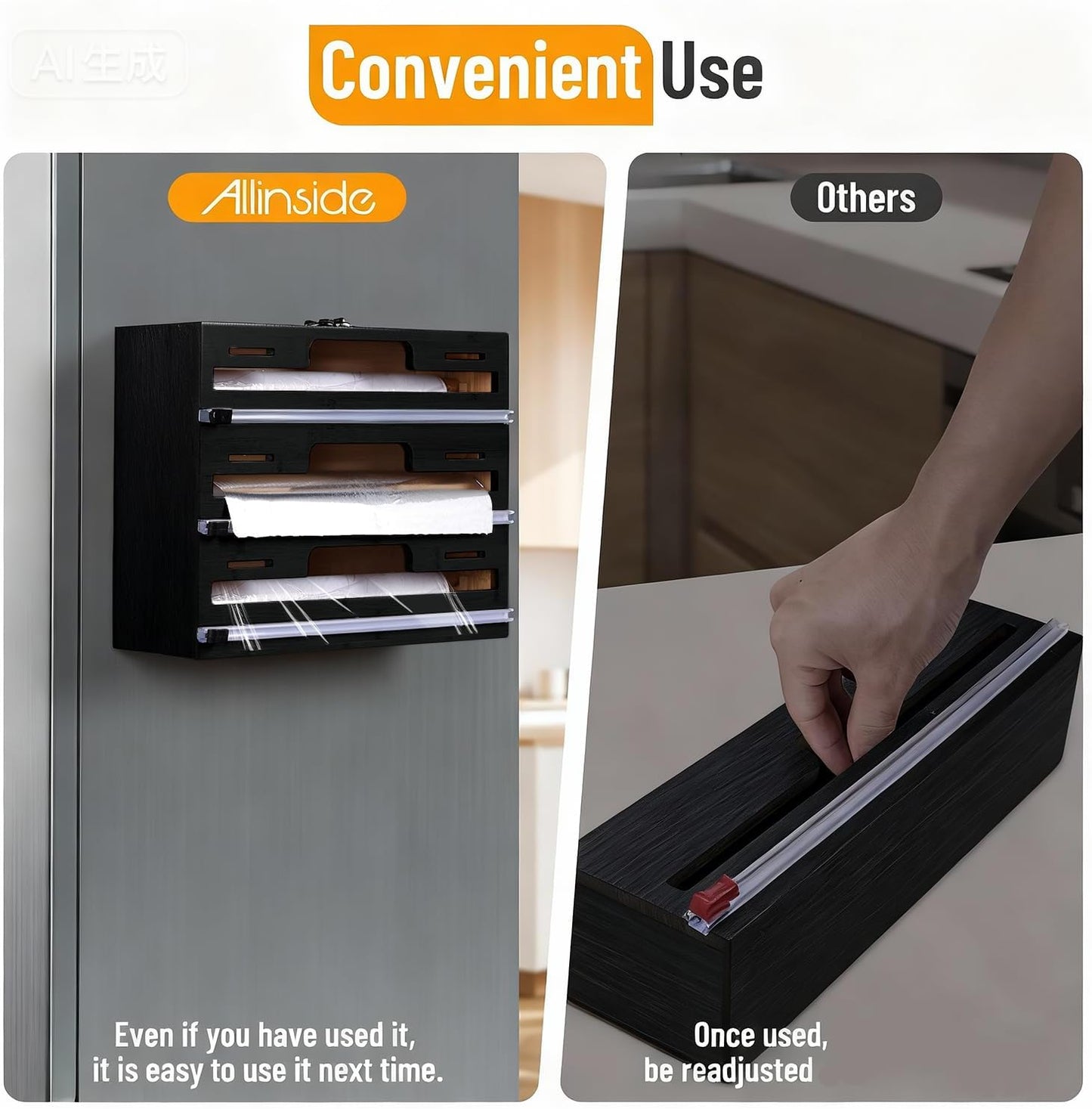 Magnetic Plastic Wrap Dispenser with Cutter, 3 in 1 Refrigerator Bamboo Wood Organizer for Tin Foil, Baking Paper, Wax Paper Holder Kitchen Storage Box Compatible with 12.9" Roll (3 Layer)