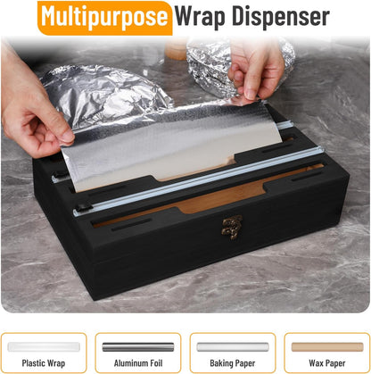 Magnetic Plastic Wrap Dispenser with Cutter, 3 in 1 Refrigerator Bamboo Wood Organizer for Tin Foil, Baking Paper, Wax Paper Holder Kitchen Storage Box Compatible with 12.9" Roll (3 Layer)
