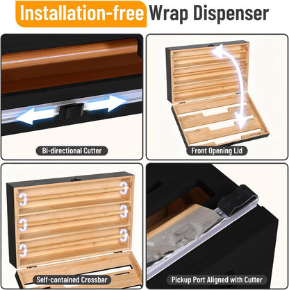 Magnetic Plastic Wrap Dispenser with Cutter, 3 in 1 Refrigerator Bamboo Wood Organizer for Tin Foil, Baking Paper, Wax Paper Holder Kitchen Storage Box Compatible with 12.9" Roll (3 Layer)