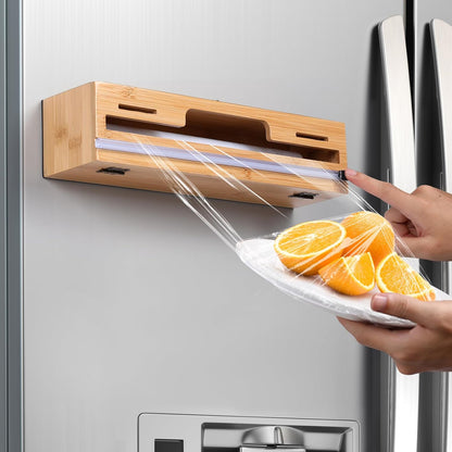 Magnetic Plastic Wrap Dispenser with Cutter, 3 in 1 Refrigerator Bamboo Wood Organizer for Tin Foil, Baking Paper, Wax Paper Holder Kitchen Storage Box Compatible with 12.9" Roll (3 Layer)