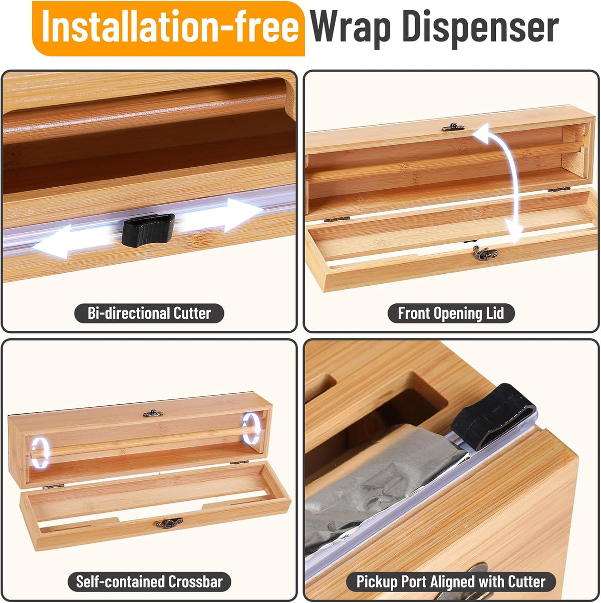 Magnetic Plastic Wrap Dispenser with Cutter, 3 in 1 Refrigerator Bamboo Wood Organizer for Tin Foil, Baking Paper, Wax Paper Holder Kitchen Storage Box Compatible with 12.9" Roll (3 Layer)
