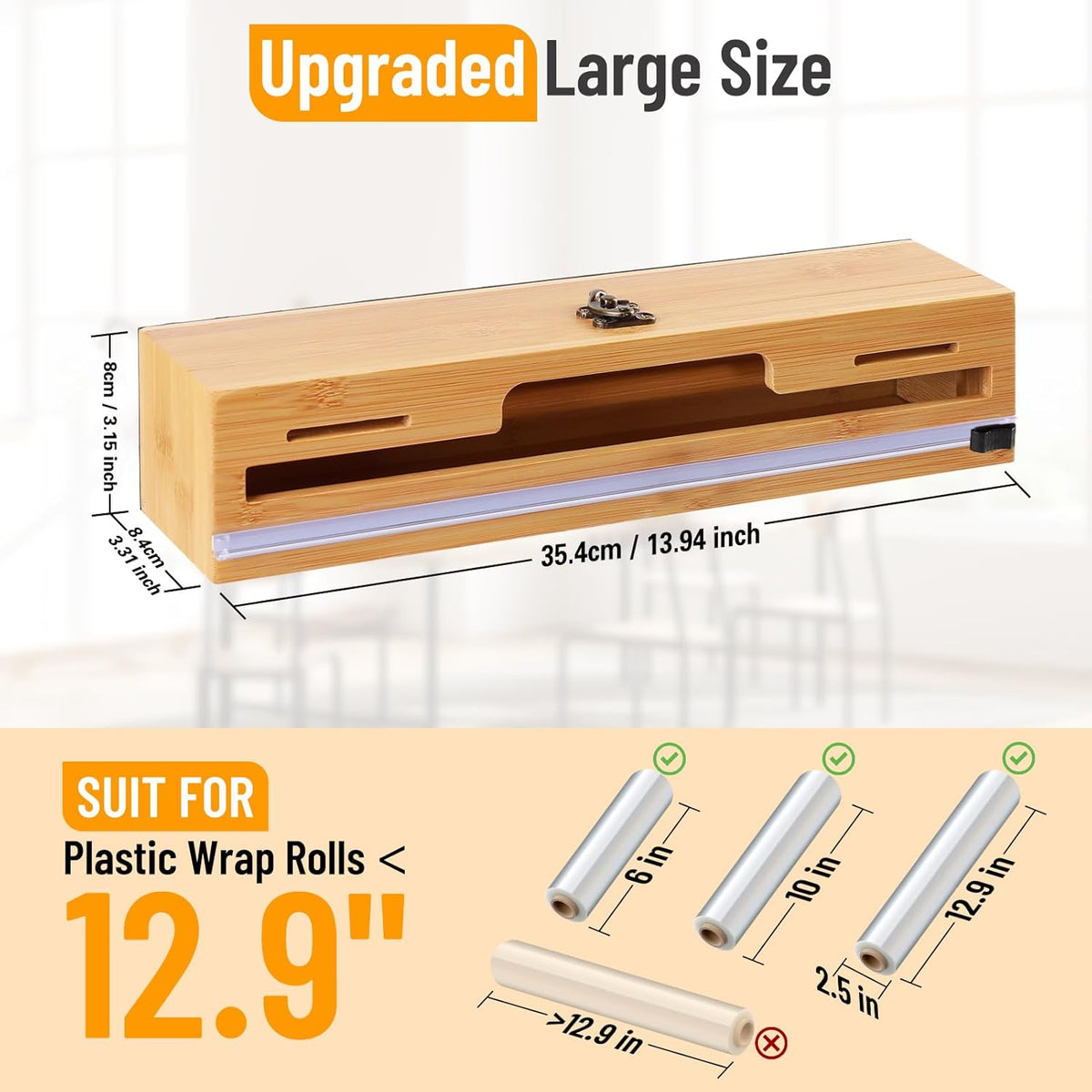 Magnetic Plastic Wrap Dispenser with Cutter, 3 in 1 Refrigerator Bamboo Wood Organizer for Tin Foil, Baking Paper, Wax Paper Holder Kitchen Storage Box Compatible with 12.9" Roll (3 Layer)