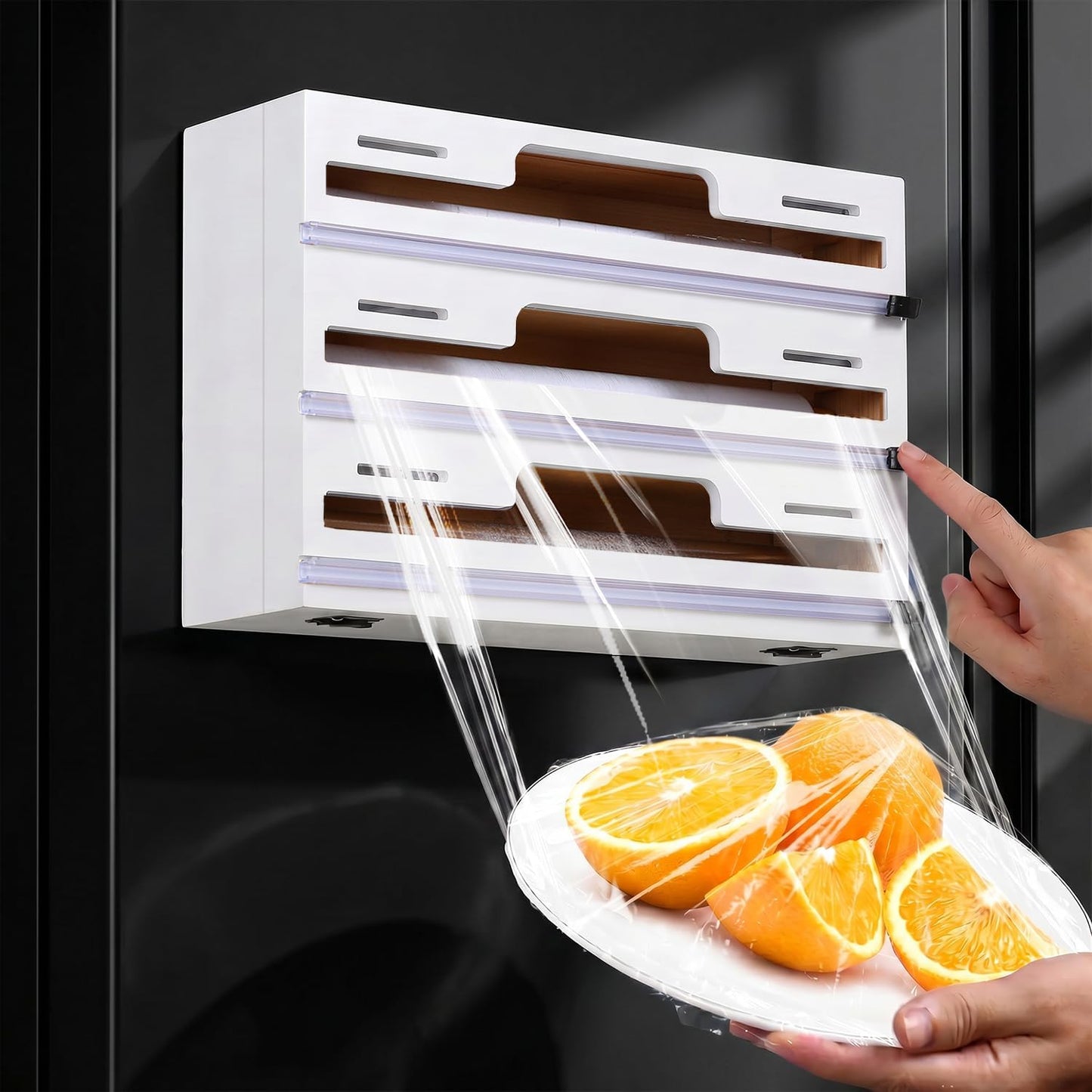 Magnetic Plastic Wrap Dispenser with Cutter, 3 in 1 Refrigerator Bamboo Wood Organizer for Tin Foil, Baking Paper, Wax Paper Holder Kitchen Storage Box Compatible with 12.9" Roll (3 Layer)