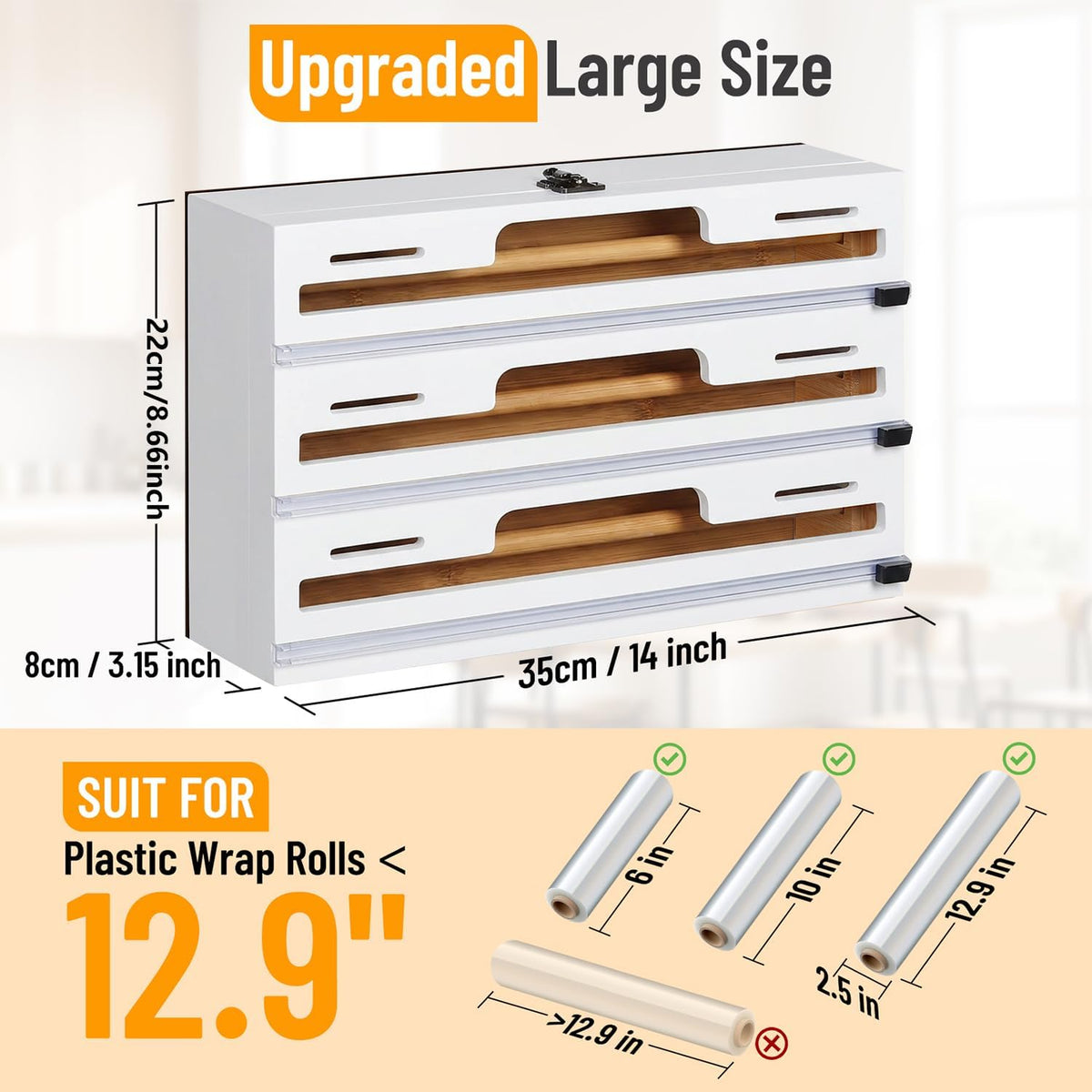 Magnetic Plastic Wrap Dispenser with Cutter, 3 in 1 Refrigerator Bamboo Wood Organizer for Tin Foil, Baking Paper, Wax Paper Holder Kitchen Storage Box Compatible with 12.9" Roll (3 Layer)