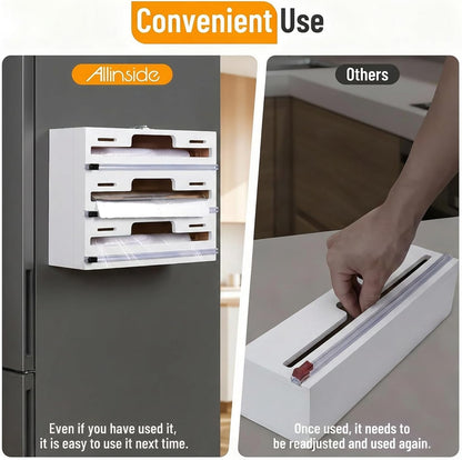 Magnetic Plastic Wrap Dispenser with Cutter, 3 in 1 Refrigerator Bamboo Wood Organizer for Tin Foil, Baking Paper, Wax Paper Holder Kitchen Storage Box Compatible with 12.9" Roll (3 Layer)