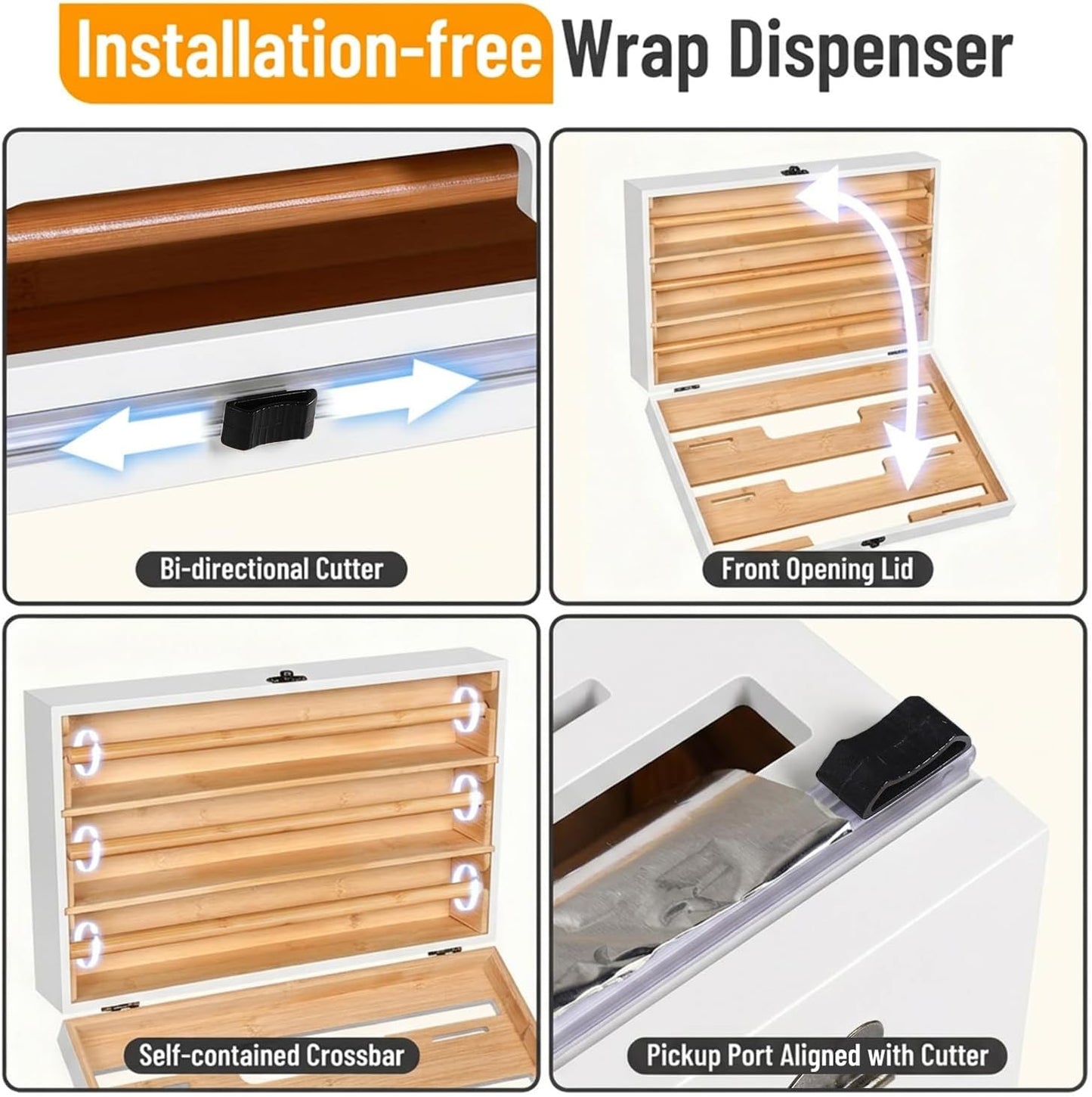 Magnetic Plastic Wrap Dispenser with Cutter, 3 in 1 Refrigerator Bamboo Wood Organizer for Tin Foil, Baking Paper, Wax Paper Holder Kitchen Storage Box Compatible with 12.9" Roll (3 Layer)