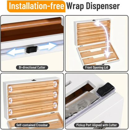 Magnetic Plastic Wrap Dispenser with Cutter, 3 in 1 Refrigerator Bamboo Wood Organizer for Tin Foil, Baking Paper, Wax Paper Holder Kitchen Storage Box Compatible with 12.9" Roll (3 Layer)