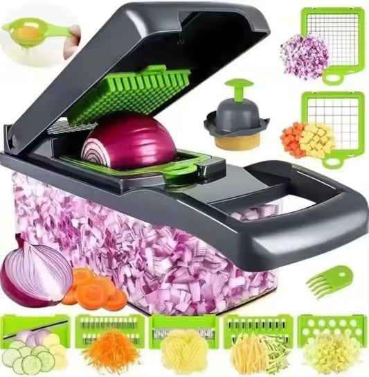 16-in-1 Vegetable Chopper Mandoline Slicer Set - Onion Dicer, Cheese Grater, Veggie Chopper with Container, 7 Stainless Steel Blades + Free Egg Yolk Separator - Kitchen Essential