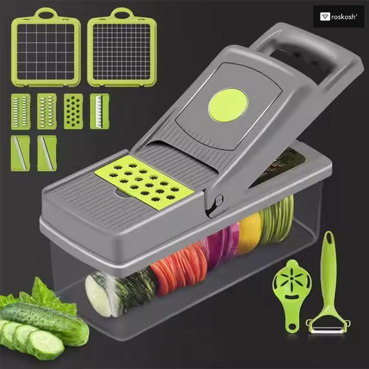 16-in-1 Vegetable Chopper Mandoline Slicer Set - Onion Dicer, Cheese Grater, Veggie Chopper with Container, 7 Stainless Steel Blades + Free Egg Yolk Separator - Kitchen Essential