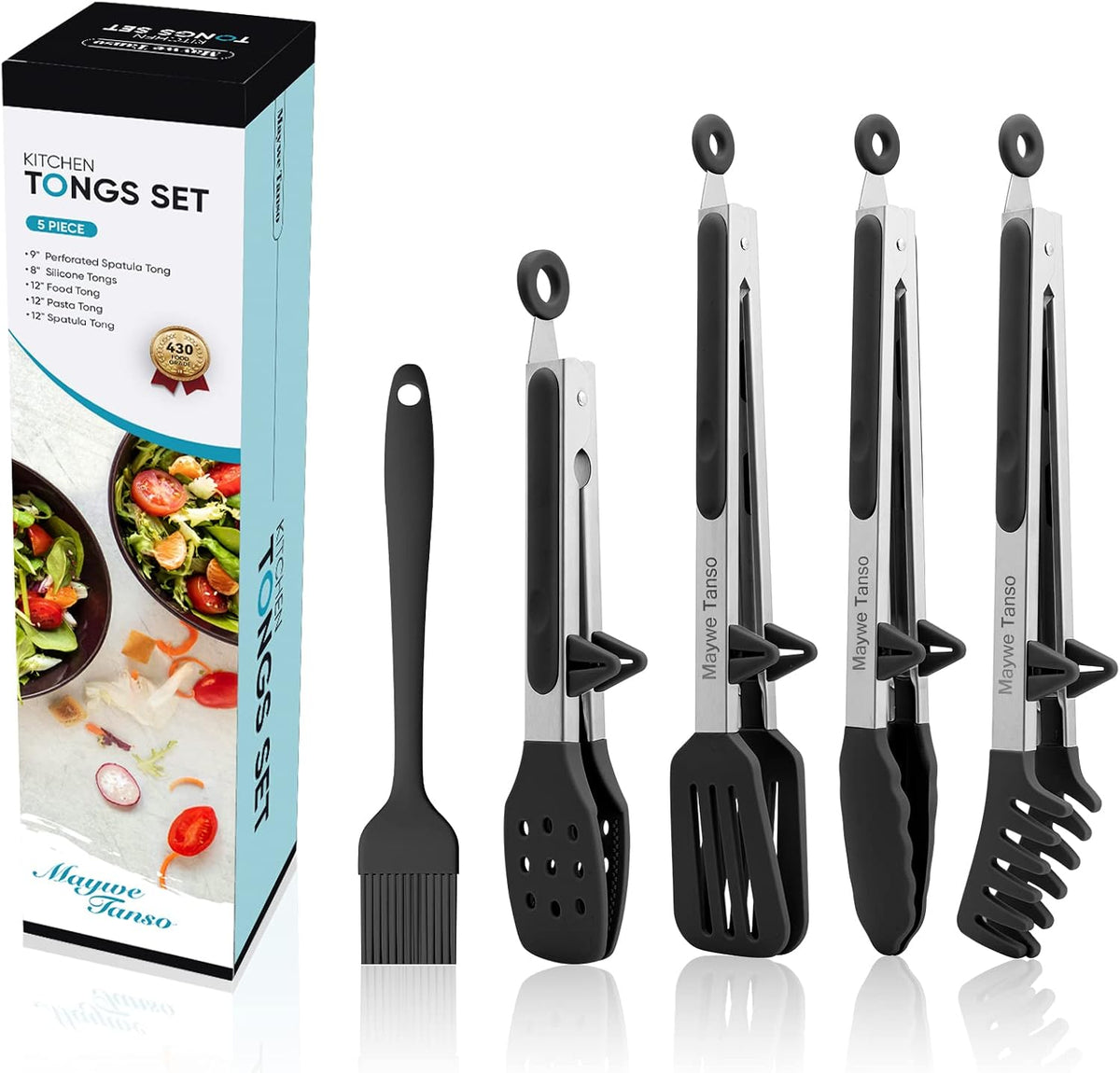 5-Pack Kitchen Tongs for Cooking with Silicone Tip,13 Inch,with Oil Brush | 600℉ Heat-Resistant,Non-Stick,Stainless Steel Tongs for Spaghetti,Pasta,Steak,Salad,BBQ,Pie,Pizza,Buffet,Serving Food(Black)