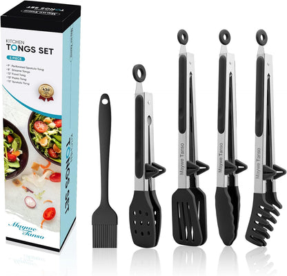5-Pack Kitchen Tongs for Cooking with Silicone Tip,13 Inch,with Oil Brush | 600℉ Heat-Resistant,Non-Stick,Stainless Steel Tongs for Spaghetti,Pasta,Steak,Salad,BBQ,Pie,Pizza,Buffet,Serving Food(Black)