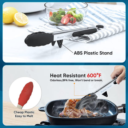 5-Pack Kitchen Tongs for Cooking with Silicone Tip,13 Inch,with Oil Brush | 600℉ Heat-Resistant,Non-Stick,Stainless Steel Tongs for Spaghetti,Pasta,Steak,Salad,BBQ,Pie,Pizza,Buffet,Serving Food(Black)