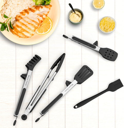5-Pack Kitchen Tongs for Cooking with Silicone Tip,13 Inch,with Oil Brush | 600℉ Heat-Resistant,Non-Stick,Stainless Steel Tongs for Spaghetti,Pasta,Steak,Salad,BBQ,Pie,Pizza,Buffet,Serving Food(Black)