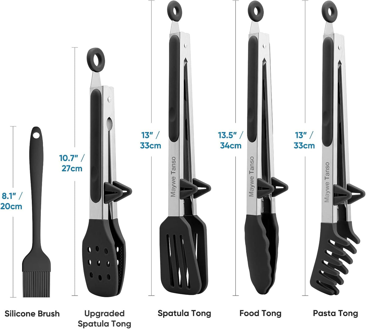 5-Pack Kitchen Tongs for Cooking with Silicone Tip,13 Inch,with Oil Brush | 600℉ Heat-Resistant,Non-Stick,Stainless Steel Tongs for Spaghetti,Pasta,Steak,Salad,BBQ,Pie,Pizza,Buffet,Serving Food(Black)