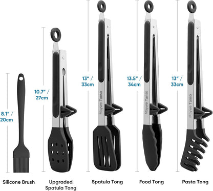 5-Pack Kitchen Tongs for Cooking with Silicone Tip,13 Inch,with Oil Brush | 600℉ Heat-Resistant,Non-Stick,Stainless Steel Tongs for Spaghetti,Pasta,Steak,Salad,BBQ,Pie,Pizza,Buffet,Serving Food(Black)
