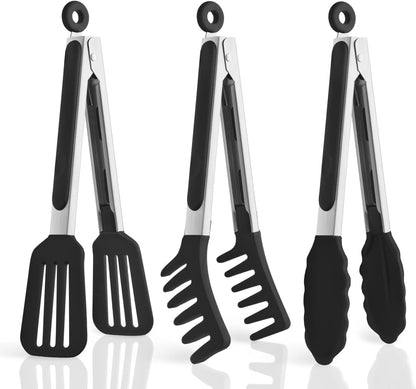 5-Pack Kitchen Tongs for Cooking with Silicone Tip,13 Inch,with Oil Brush | 600℉ Heat-Resistant,Non-Stick,Stainless Steel Tongs for Spaghetti,Pasta,Steak,Salad,BBQ,Pie,Pizza,Buffet,Serving Food(Black)