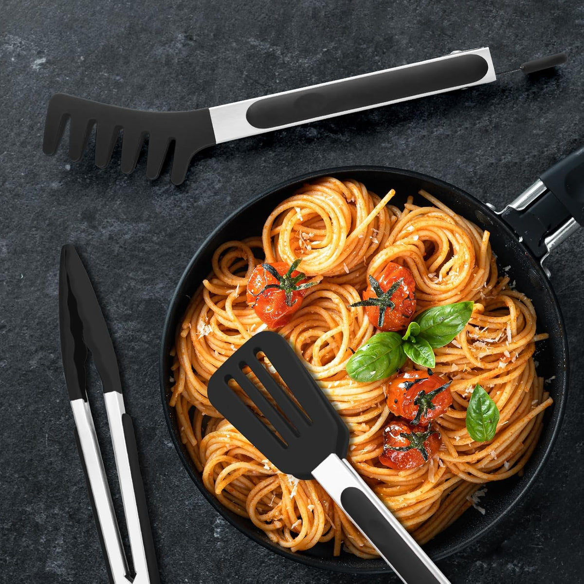 5-Pack Kitchen Tongs for Cooking with Silicone Tip,13 Inch,with Oil Brush | 600℉ Heat-Resistant,Non-Stick,Stainless Steel Tongs for Spaghetti,Pasta,Steak,Salad,BBQ,Pie,Pizza,Buffet,Serving Food(Black)