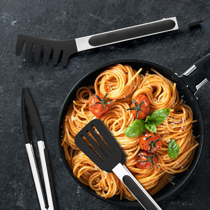 5-Pack Kitchen Tongs for Cooking with Silicone Tip,13 Inch,with Oil Brush | 600℉ Heat-Resistant,Non-Stick,Stainless Steel Tongs for Spaghetti,Pasta,Steak,Salad,BBQ,Pie,Pizza,Buffet,Serving Food(Black)