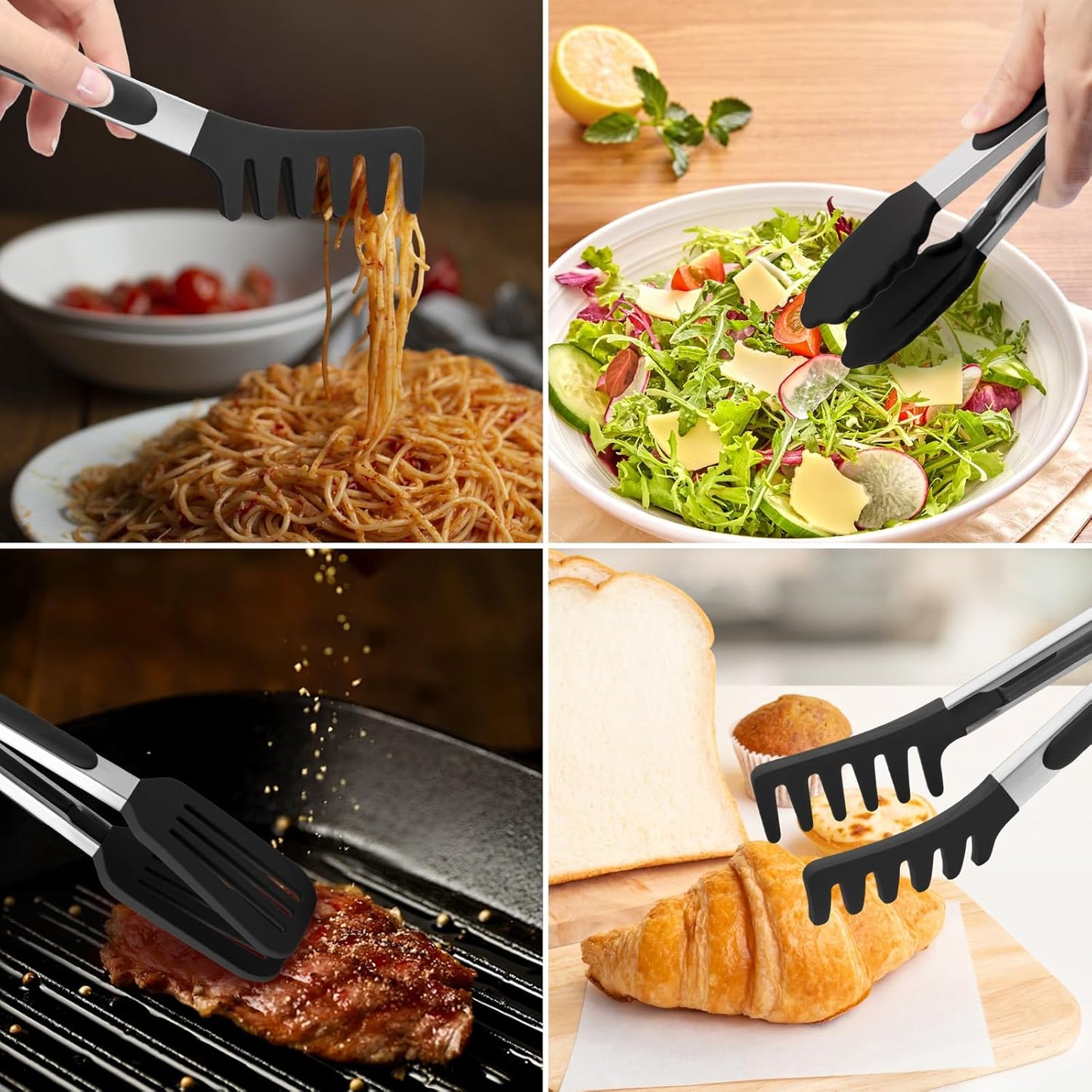 5-Pack Kitchen Tongs for Cooking with Silicone Tip,13 Inch,with Oil Brush | 600℉ Heat-Resistant,Non-Stick,Stainless Steel Tongs for Spaghetti,Pasta,Steak,Salad,BBQ,Pie,Pizza,Buffet,Serving Food(Black)