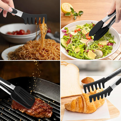 5-Pack Kitchen Tongs for Cooking with Silicone Tip,13 Inch,with Oil Brush | 600℉ Heat-Resistant,Non-Stick,Stainless Steel Tongs for Spaghetti,Pasta,Steak,Salad,BBQ,Pie,Pizza,Buffet,Serving Food(Black)