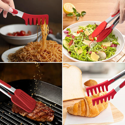 5-Pack Kitchen Tongs for Cooking with Silicone Tip,13 Inch,with Oil Brush | 600℉ Heat-Resistant,Non-Stick,Stainless Steel Tongs for Spaghetti,Pasta,Steak,Salad,BBQ,Pie,Pizza,Buffet,Serving Food(Black)