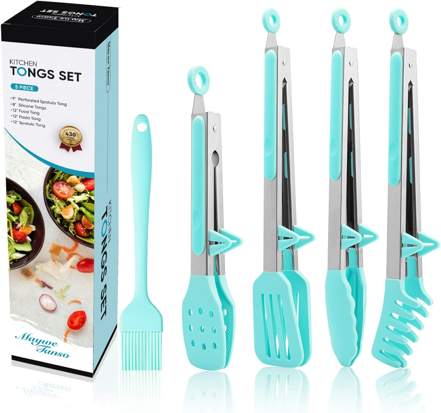 5-Pack Kitchen Tongs for Cooking with Silicone Tip,13 Inch,with Oil Brush | 600℉ Heat-Resistant,Non-Stick,Stainless Steel Tongs for Spaghetti,Pasta,Steak,Salad,BBQ,Pie,Pizza,Buffet,Serving Food(Black)