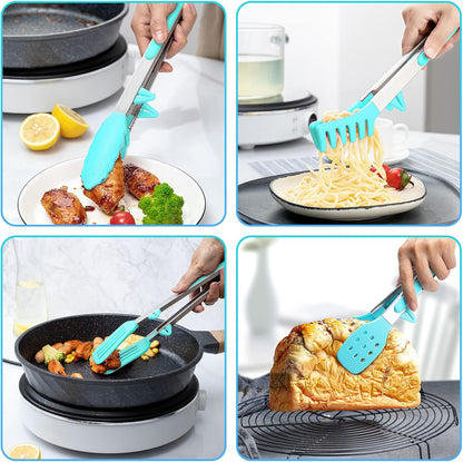 5-Pack Kitchen Tongs for Cooking with Silicone Tip,13 Inch,with Oil Brush | 600℉ Heat-Resistant,Non-Stick,Stainless Steel Tongs for Spaghetti,Pasta,Steak,Salad,BBQ,Pie,Pizza,Buffet,Serving Food(Black)