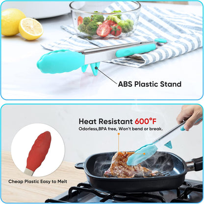 5-Pack Kitchen Tongs for Cooking with Silicone Tip,13 Inch,with Oil Brush | 600℉ Heat-Resistant,Non-Stick,Stainless Steel Tongs for Spaghetti,Pasta,Steak,Salad,BBQ,Pie,Pizza,Buffet,Serving Food(Black)